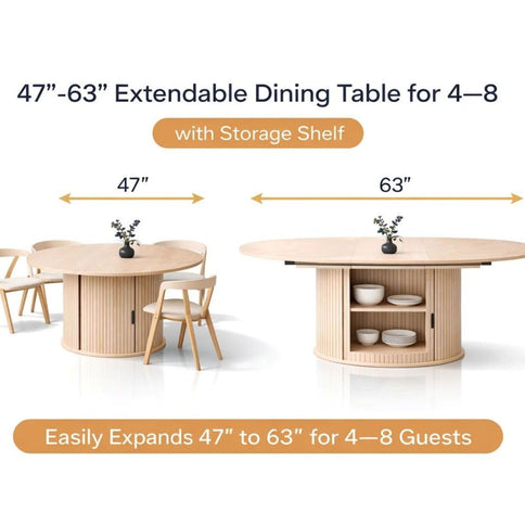 Extendable Round Dining Table With Hidden Storage Base - Ivory