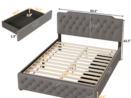 Upholstered Platform Bed With 2 Drawers And 2 Sets Of USB Ports On Each Side, Fabric