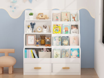 Bookshelf With 2 Storage Drawers, Front Facing Bookcase And Toy Organizer, Multi Tier Reading Shelf - White