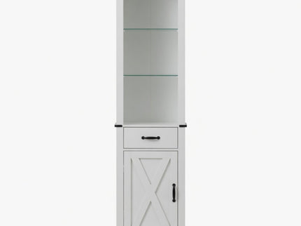 Pantry Cabinet With LED Lights And Barn Door With Tempered Glass Shelves - White