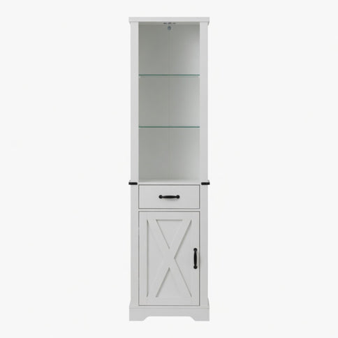 Pantry Cabinet With LED Lights And Barn Door With Tempered Glass Shelves - White