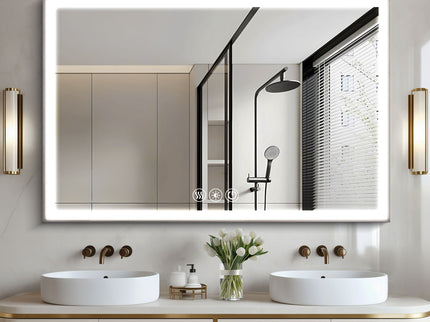 Modern LED Bathroom Vanity Mirror With Aluminum Frame, 45° Beveled Lights, Anti Fog - Silver