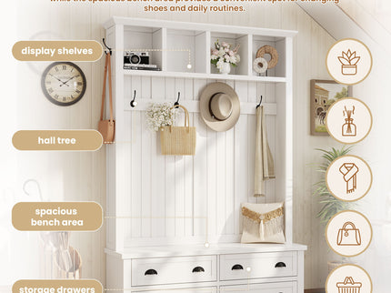 Hall Tree With 4 Drawers, Coat Rack With 6 Hooks