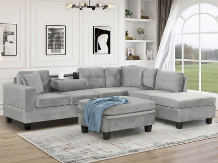 Modern Sectional Sofa With Storage Ottoman, L - Shape Couch With 2 Pillows And Cup Holders