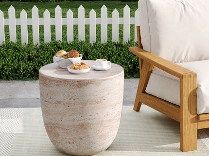 Outdoor / Indoor, Lightweight Concrete Side Table With Travertine - Beige