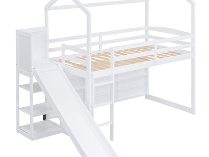 House Loft Bed With Slide, Storage Shelves And Light, Climbing Ramp