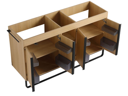 58" Freestanding Bathroom Cabinet With 4 Soft Close Doors & 3 Open Racks (Vanity Only, No Sink) - Oak