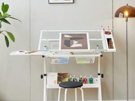Adjustable Tempered Glass Drafting Printing Table With Chair