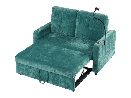 Modern Loveseat Pull Out Sofa Bed With Adjustable Backrest, Two Cup Holders, A Phone Holder, Three Charging Ports And Side Storage Pockets For Living Room