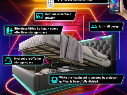 Upholstered Bed, 360 Surround LED Function, Remote Control, Hydraulic Storage Bed With USB, Type-C Charging (Without Mattress)