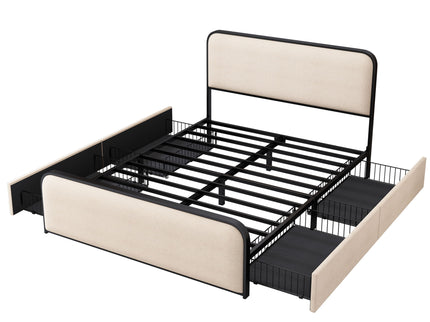 Modern Bed With Curved Upholstered Headboard And Footboard, Heavy Duty Metal Slats