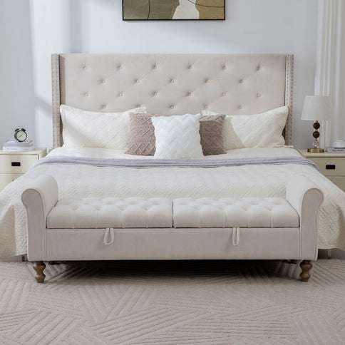 Modern Upholstered Storage Bench With Rolled Armrests]