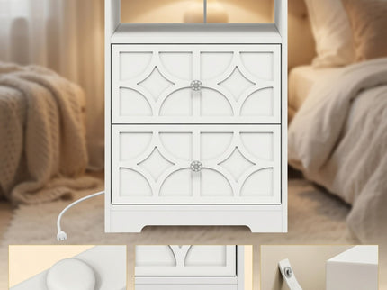 Nightstand With Diamond Carvings Handles, 2 Drawers & Charging Station