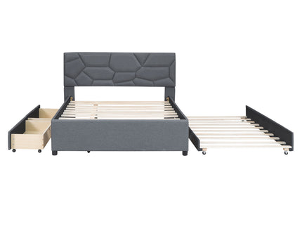 Upholstered Platform Bed With Brick Pattern Headboard And Twin Long Size Trundle