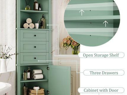 Tall Storage Cabinet With 3 Drawers And Adjustable Shelves For Bathroom