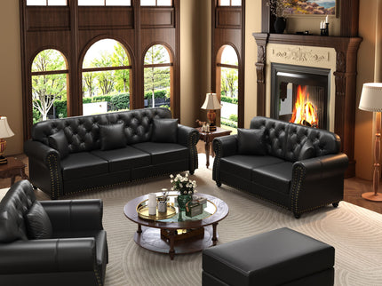 Upholstered Sofa With Nailhead Trim, Rolled Armrests With Ottoman