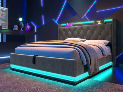 Upholstered Bed, 360 Surround LED Function, Remote Control, Hydraulic Storage Bed With USB, Type-C Charging (Without Mattress)
