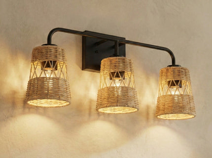 Moonlit - 3 Lights Wall Sconce With Shade, Bathroom Lighting Fixtures Over Mirror - Black / Rattan