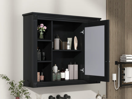 Wall-Mounted Bathroom Storage Cabinet With Mirror, 6 Open Shelves - Black