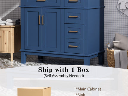 Bathroom Vanity With Ceramic Sink, Soft-Close Doors, 4 Storage Drawers - Blue