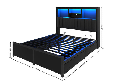 Queen Bed Frame With High Storage Headboard, LED Light And Charging Station, 4 Storage Drawers - Black