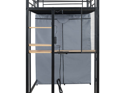 Loft Bed With Desk, Shelves, Power Outlet, LED Light And Wardrobe