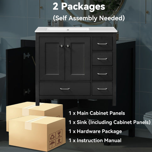 Bathroom Vanity With Sink Combo, 2 Soft Close Doors And 5 Drawers