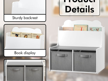Bookshelf With Storage Bins, Bookcase With Book Display Shelf And 2 Bins, Cute Bear Shaped Backboard, Toy Organizer - White