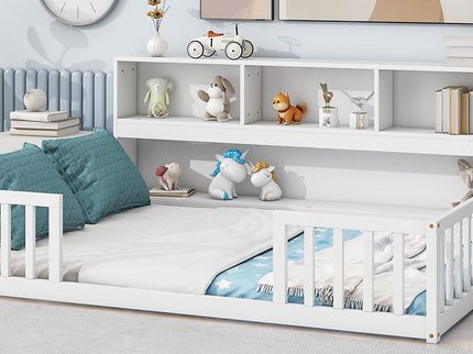 Floor Bed With Side Bookcase, Shelves, Guardrails
