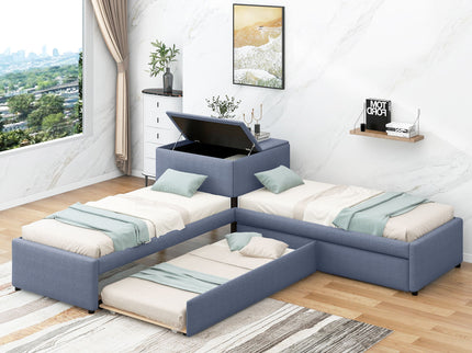 L Shaped Upholstered Platform Bed With Trundle And 2 Drawers Linked With Built In Desk