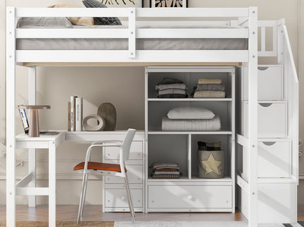 Loft Bed & L Shaped Desk, Drawers, Cabinet, And Storage Staircase