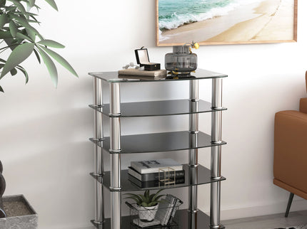 5 Tier Tempered Glass Side Table, Stainless Steel Frame End Table For Living Room, Bedroom - Black