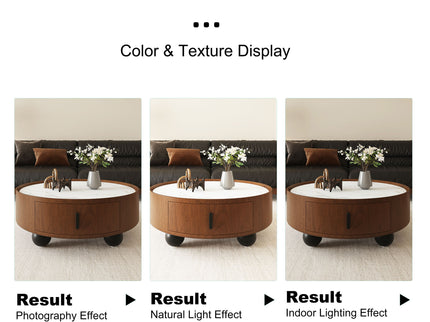 Round Coffee Table With Ball Feet, Pull Handle Storage Drawer - Bouguer Walnut / Brown
