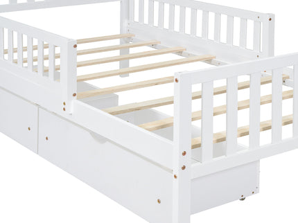 Platform Bed With Guardrails On Both Sides And 2 Storage Drawers