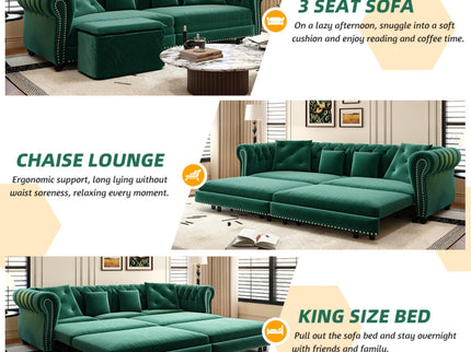 3 In 1 Pull Out Convertible Sleeper Sofa Bed, King Size, Chaise Lounge