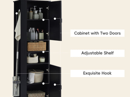Tall Freestanding Bathroom Storage Cabinet With Adjustable Shelves And Side Hooks Board, Rectangle Design