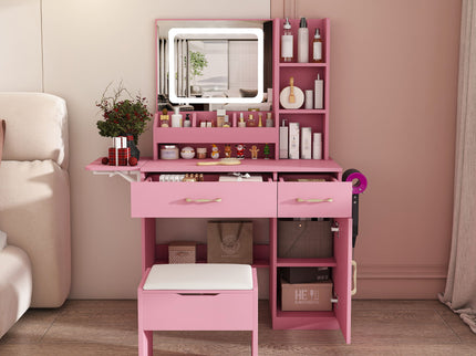 Vanity Desk With LED Mirror Lights And Power Outlet Charging Station, 3 Drawers, 7 Shelves, Storage Stool - Pink