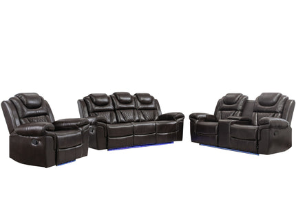 3 Pieces Recliner Sofa Sets Home Theater Seating Manual Recliner Chair & Center Console And LED Light Strip For Living Room - Brown