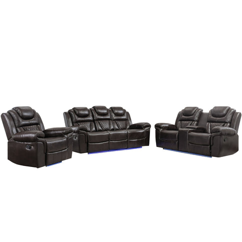 3 Pieces Recliner Sofa Sets Home Theater Seating Manual Recliner Chair & Center Console And LED Light Strip For Living Room - Brown