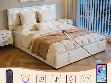 Upholstered Platform Bed Frame With Adjustable LED Headboard, USB C-Charging, Hydraulic Lift