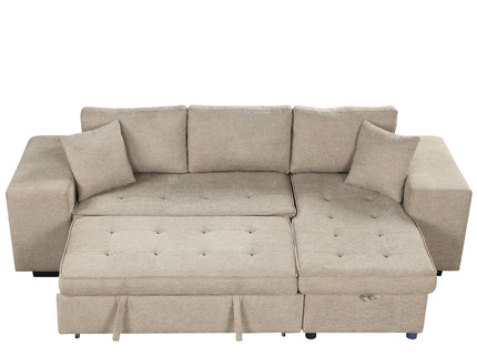 Modern L-Shape 3 Seat Reversible Sectional Couch, Pull Out Sleeper Sofa With Storage Chaise And 2 Stools For Living Room Furniture Set