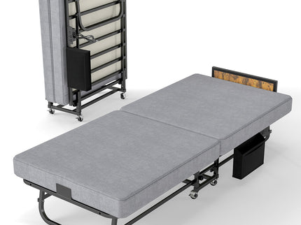 Twin Folding Bed With Headboard & USB Charging Station - Gray