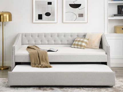 Upholstered Tufted Daybed With Drawers, Waved Arms