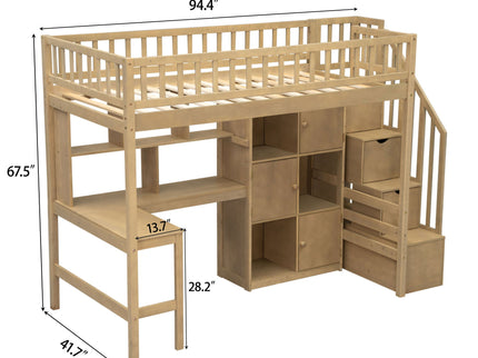 Loft Bed With Built In L Shaped Desk, LED Lights, Storage Shelves, Cabinets, And Staircase