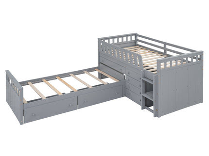 Loft Platform Bed With 7 Drawers And Full Guardrails, Modern L Shaped Space Savin