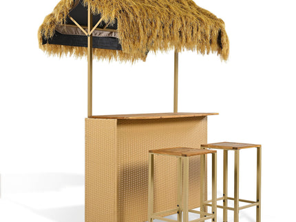 Hawaiian-Style Bar Height Patio Set With PE Grass Canopy, Outdoor Bar Table And Stools With Adjustable Feet, Acacia Wood Top, For Dining And Drinking - Natural