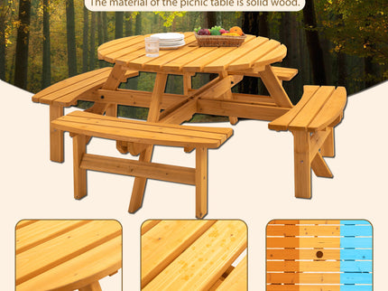 8 Person Wooden Picnic Table, Outdoor Camping Dining Table With Seat, Garden, Diy With 4 Built-In Benches, 2220Lb Capacity