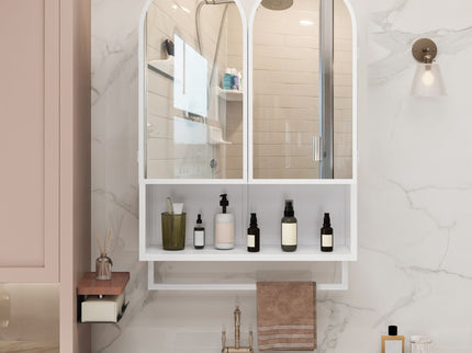 Double Arched Mirror Wall Cabinet With 2 Doors, Featuring Adjustable Shelves And Towel Rack