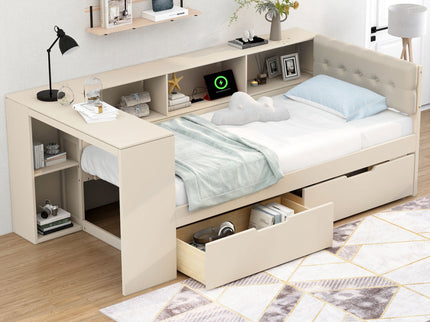 Upholstered Headboard Platform Bed With Storage Shelves, Drawers, Charging Station
