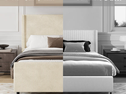 Upholstered Bed Frame With Vertical Stripe Wingback And High Footboard